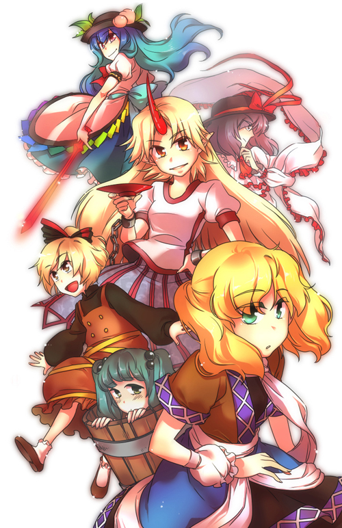 hinanawi tenshi, mizuhashi parsee, hoshiguma yuugi, nagae iku, kurodani yamame, and 1 more (touhou) drawn by fuyu_kitsune