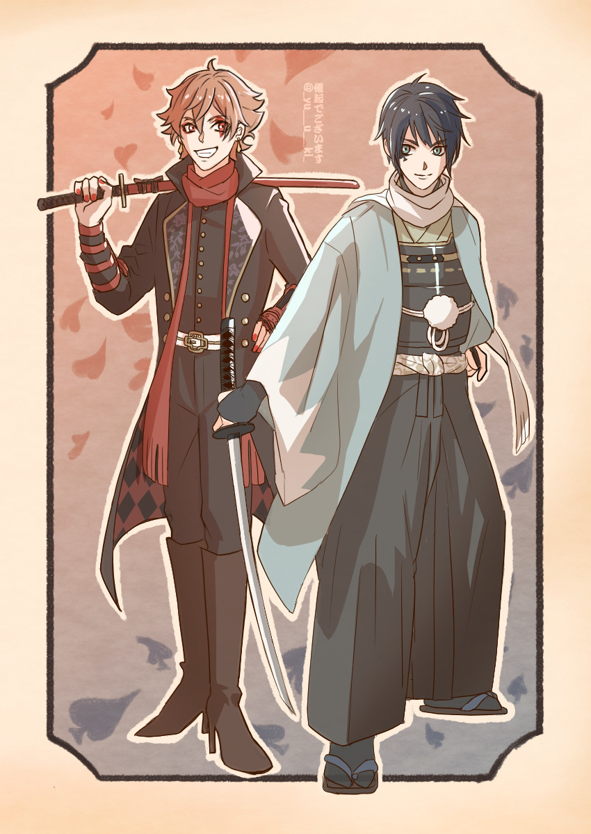kashuu kiyomitsu, yamato-no-kami yasusada, ace trappola, and deuce spade (touken ranbu and 1 more) drawn by yuuki_(yukko7474)