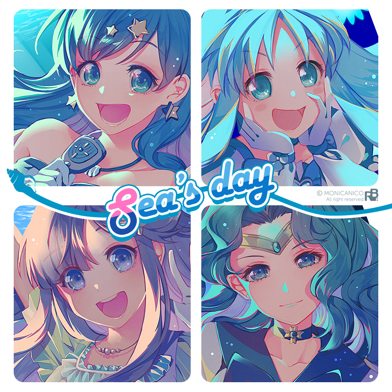kurumi erika, cure marine, kaiou michiru, sailor neptune, asari nanami, and 1 more (idolmaster and 5 more) drawn by monicanc