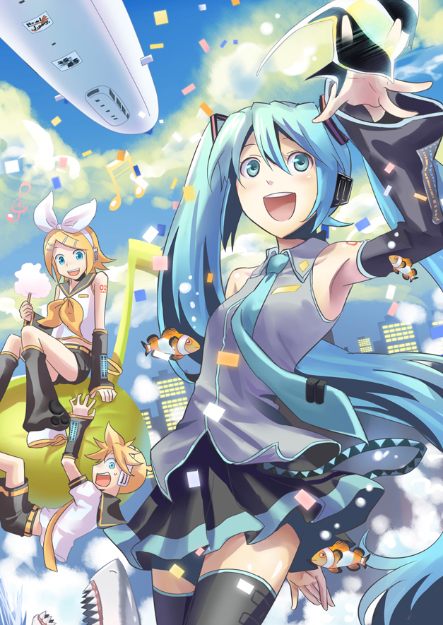 hatsune miku, kagamine rin, and kagamine len (vocaloid) drawn by hikiyama_towa