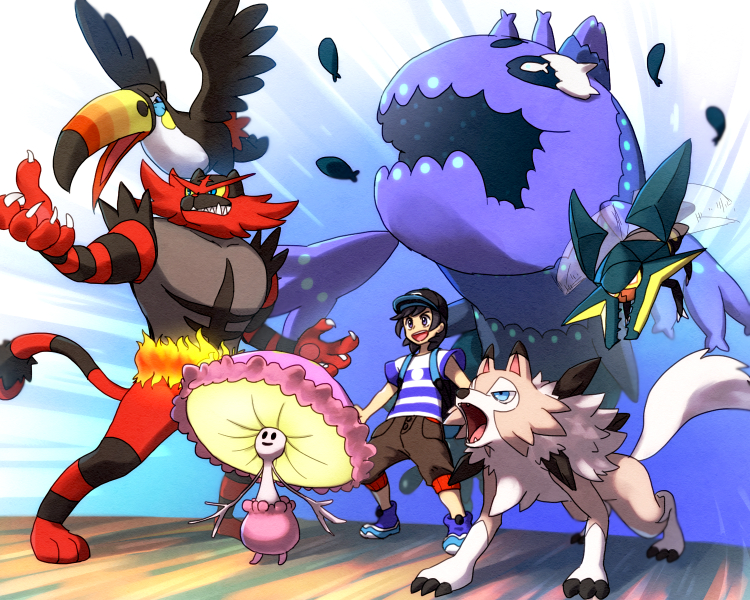 elio, lycanroc, incineroar, wishiwashi, toucannon, and 2 more (pokemon and 1 more) drawn by hk_(nt)