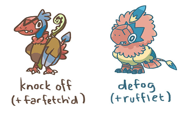 farfetch'd, archen, and rufflet (pokemon) drawn by yoshida_nina