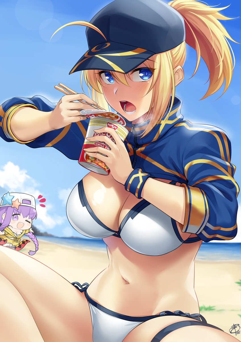 artoria pendragon, bb, and mysterious heroine xx (fate and 1 more) drawn by okitakung