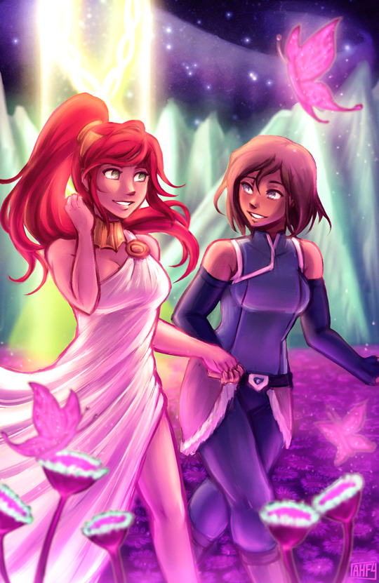korra and pyrrha nikos (rwby and 2 more) drawn by iahfy