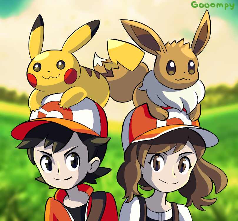 pikachu, eevee, elaine, and chase (pokemon and 1 more) drawn by gooompy