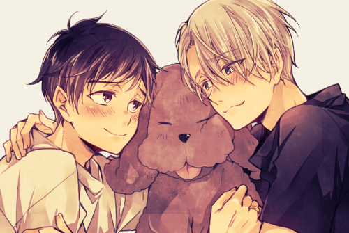 katsuki yuuri, viktor nikiforov, and makkachin (yuri!!! on ice) drawn by naho_(pi988y)
