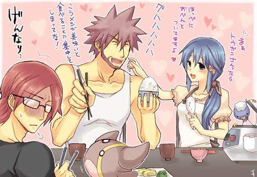 dawn, drifloon, gastrodon, roark, and byron (pokemon and 1 more) drawn by shiranami_(kominato)