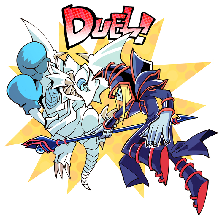 dark magician, blue-eyes white dragon, and blue-eyes toon dragon (yu-gi-oh!) drawn by yuza