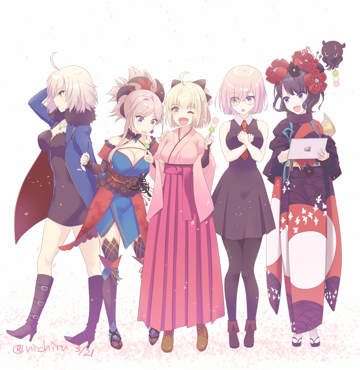 mash kyrielight, jeanne d'arc alter, okita souji, miyamoto musashi, katsushika hokusai, and 1 more (fate and 2 more) drawn by nichiru