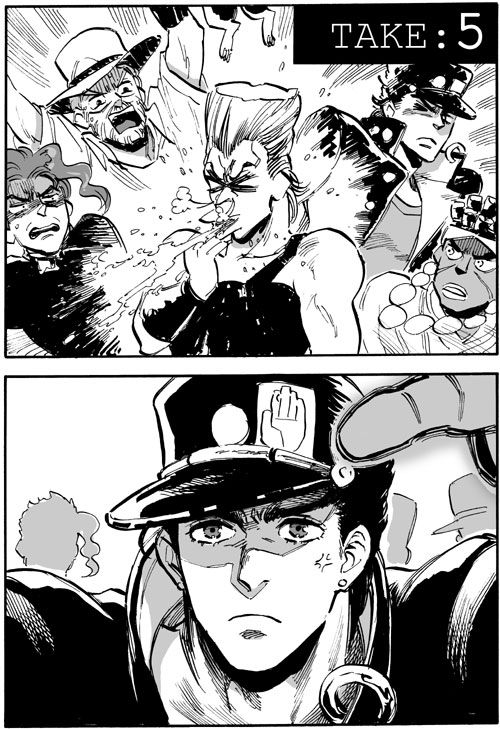 joseph joestar, kujo jotaro, kakyoin noriaki, jean pierre polnareff, mohammed avdol, and 1 more (jojo no kimyou na bouken and 1 more) drawn by waraji_nugeta