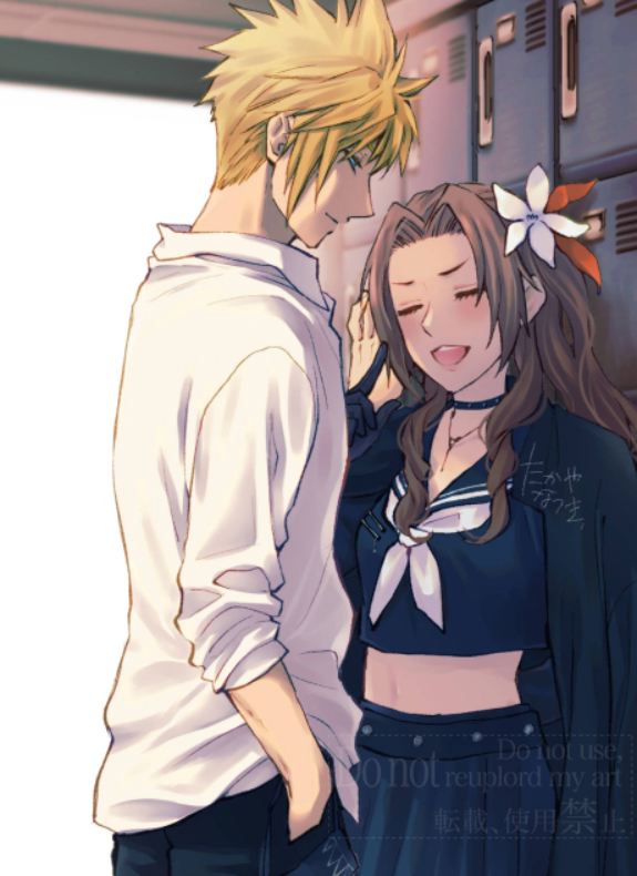 cloud strife and aerith gainsborough (final fantasy and 2 more) drawn by takaya_natsuki