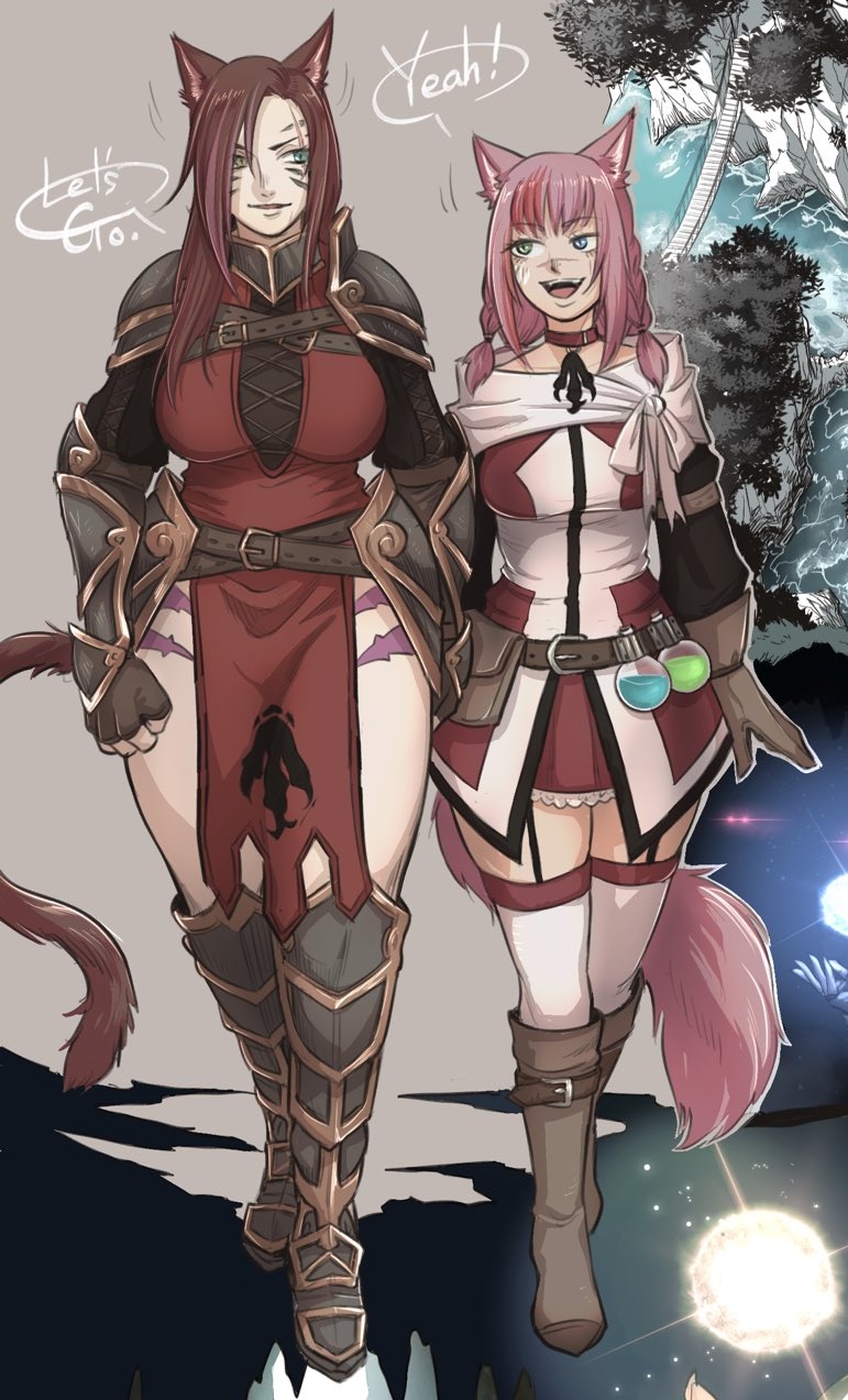 warrior of light, tayelle ebonclaw, and sabrith ebonclaw (final fantasy and 1 more) drawn by minaka_shobu