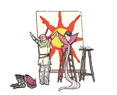 solaire of astora, slave knight gael, and painting woman (dark souls and 2 more) drawn by y_(chos)