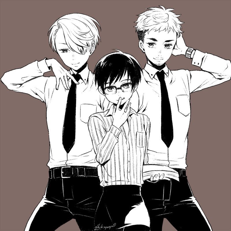 katsuki yuuri, viktor nikiforov, christophe giacometti, and blouson chiemi (yuri!!! on ice) drawn by shiki_(hubin)