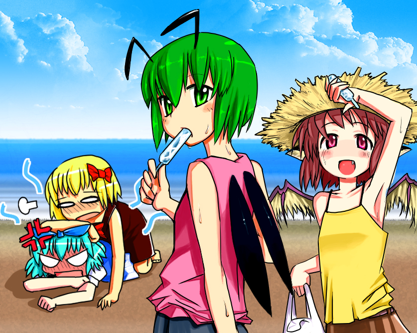 cirno, rumia, mystia lorelei, and wriggle nightbug (touhou) drawn by jouyo
