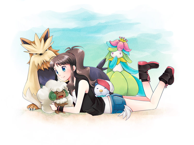hilda, oshawott, whimsicott, lilligant, and stoutland (pokemon and 1 more) drawn by inusaki