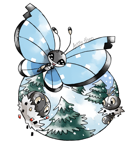 vivillon, spewpa, and scatterbug (pokemon) drawn by artsy-theo
