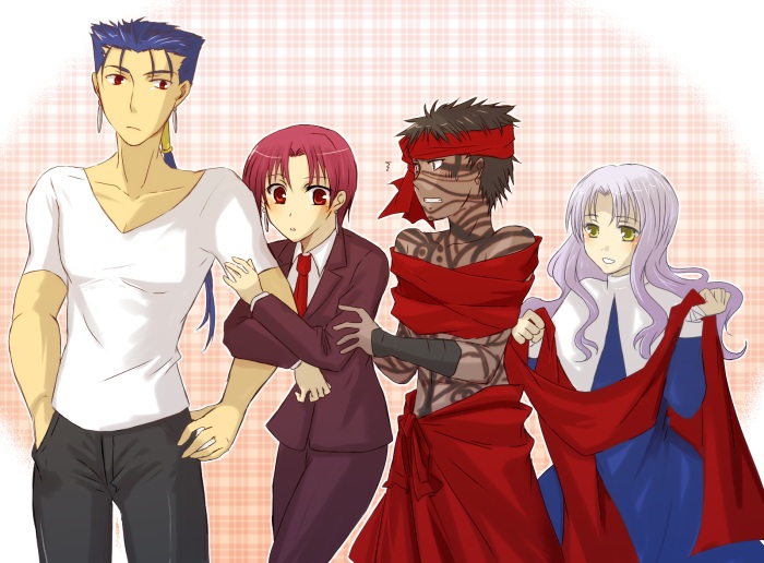 caren hortensia, bazett fraga mcremitz, angra mainyu, and cu chulainn (fate and 2 more) drawn by akiha_(ominaeshi)