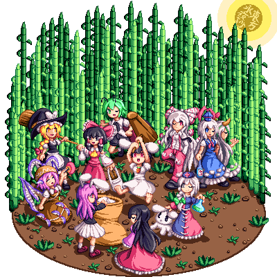 hakurei reimu, kirisame marisa, reisen udongein inaba, fujiwara no mokou, kamishirasawa keine, and 6 more (touhou and 1 more) drawn by kisasage_kouta