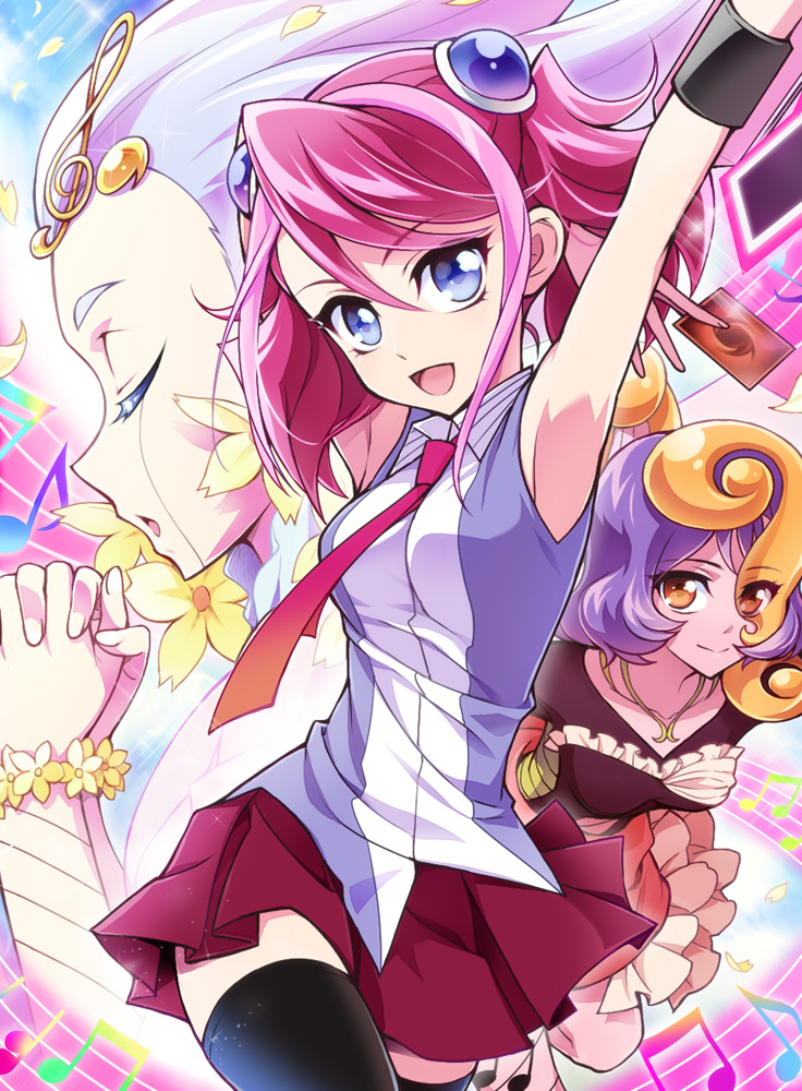 hiiragi yuzu, bloom diva the melodious choir, and aria the melodious diva (yu-gi-oh! and 1 more) drawn by chikariya