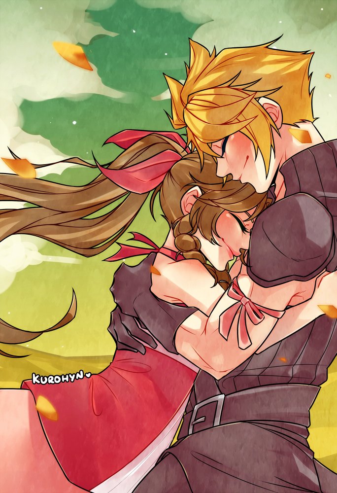 cloud strife and aerith gainsborough (final fantasy and 4 more) drawn by kurohyn