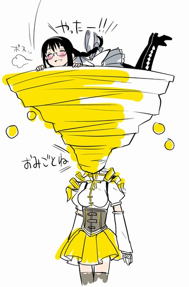 akemi homura, tomoe mami, and old monk (mahou shoujo madoka magica and 1 more) drawn by ayanero_taicho