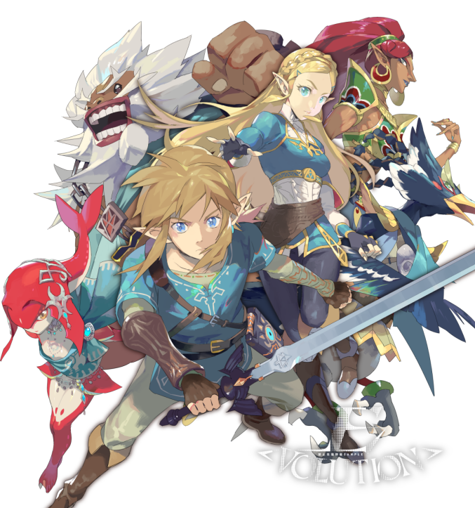 link, princess zelda, mipha, urbosa, revali, and 1 more (the legend of zelda and 1 more) drawn by e_volution
