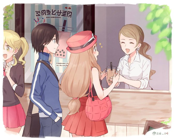 serena, sylveon, calem, lass, and waitress (pokemon and 1 more) drawn by yairo_(sik_s4)