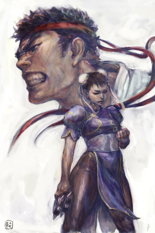 chun-li and ryu (street fighter) drawn by iha_ryo