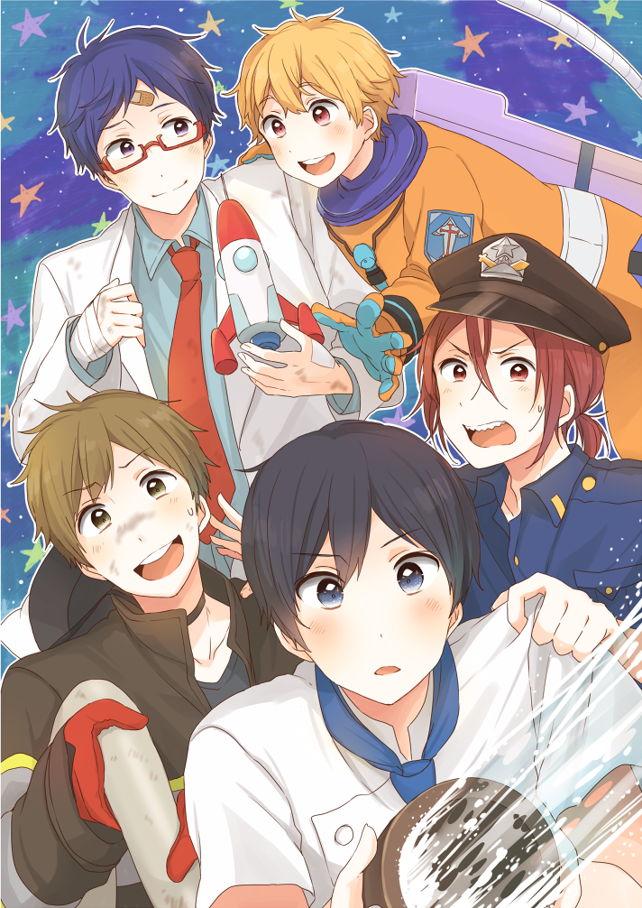 tachibana makoto, nanase haruka, matsuoka rin, hazuki nagisa, and ryuugazaki rei (free!) drawn by kana_(okitasougo222)