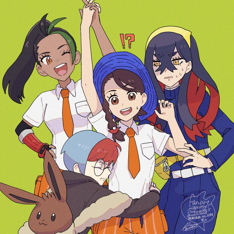 eevee, juliana, carmine, nemona, and penny (pokemon and 1 more) drawn by sagemaru-br