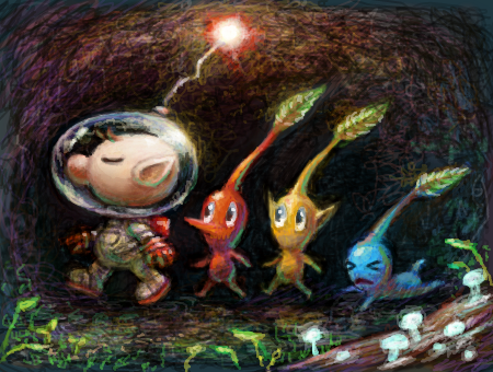 red pikmin, olimar, yellow pikmin, and blue pikmin (pikmin) drawn by cortoony