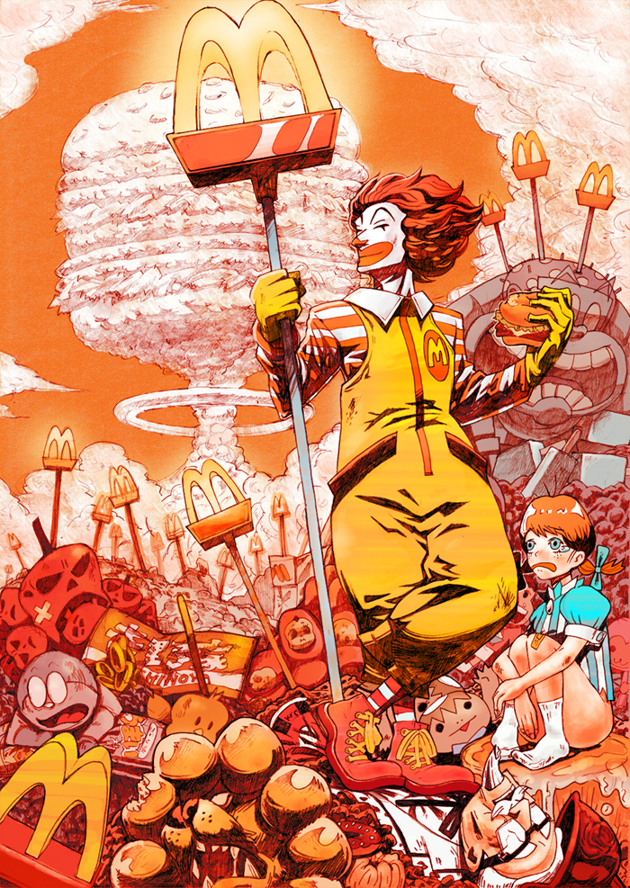 doraemon, ronald mcdonald, colonel sanders, wendy, pon de lion, and 1 more (mcdonald's and 6 more) drawn by 27_degrees