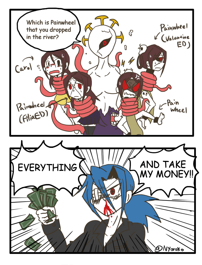 valentine, painwheel, double, and carol (skullgirls and 1 more) drawn by nyoro_mutou
