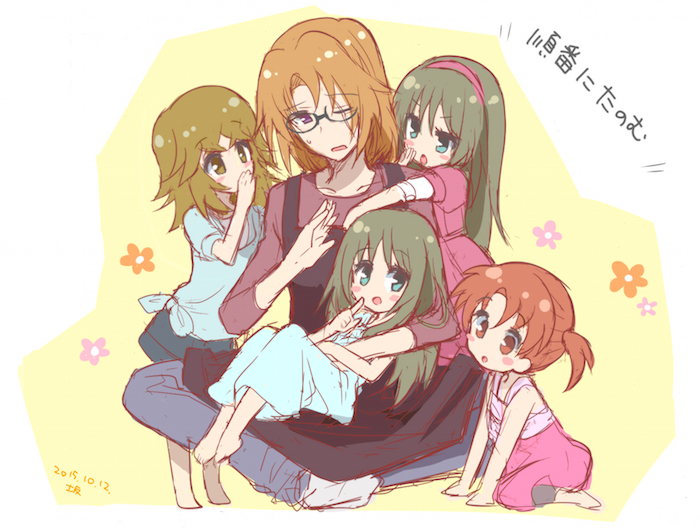 minashiro soushi, minashiro orihime, minashiro tsubaki, hino miwa, and emery almond (soukyuu no fafner) drawn by sakaki_tsui