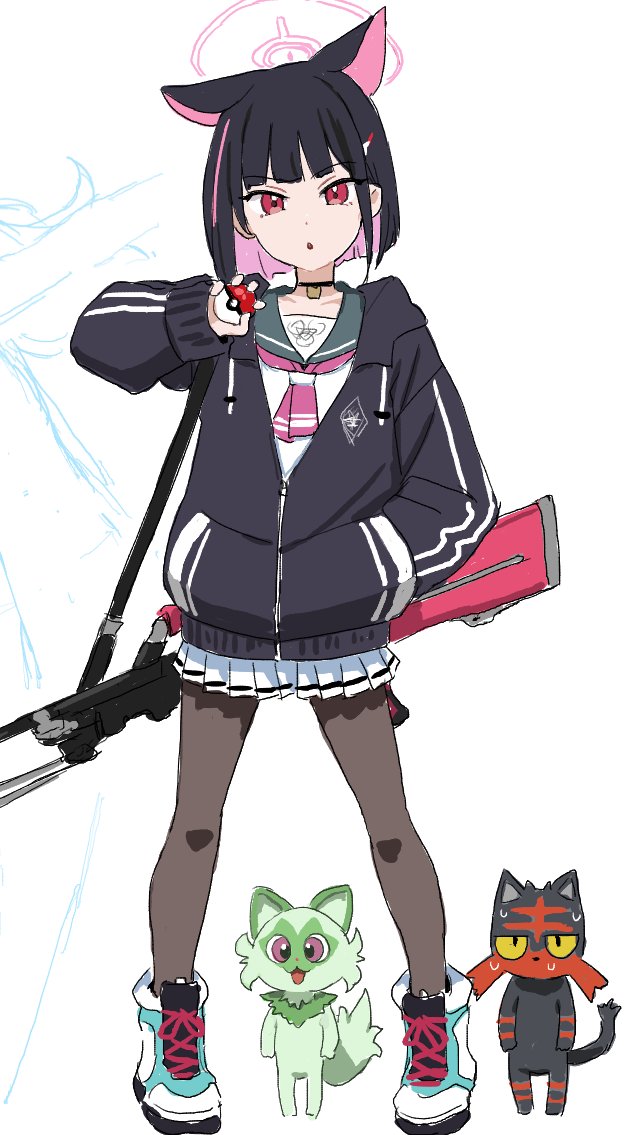 kazusa, sprigatito, and litten (blue archive and 1 more) drawn by clearite
