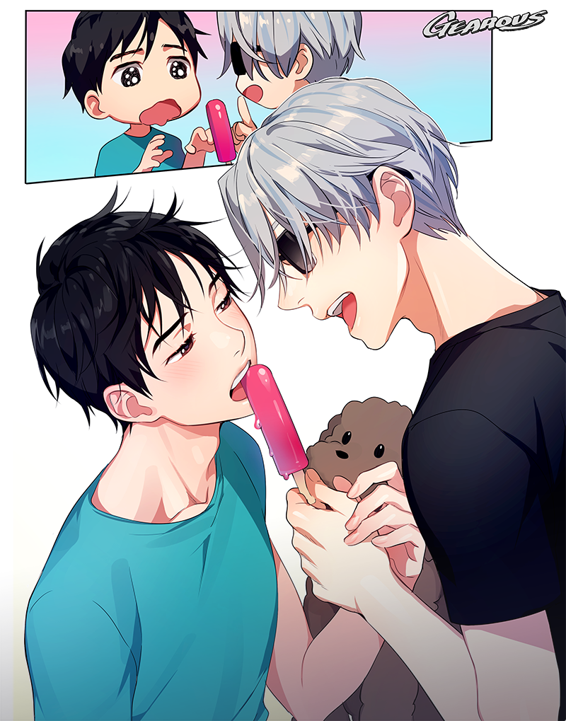 katsuki yuuri, viktor nikiforov, and makkachin (yuri!!! on ice) drawn by gearous