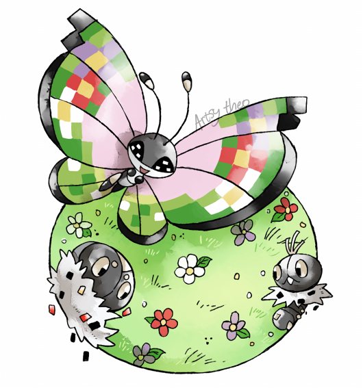 vivillon, spewpa, and scatterbug (pokemon) drawn by artsy-theo