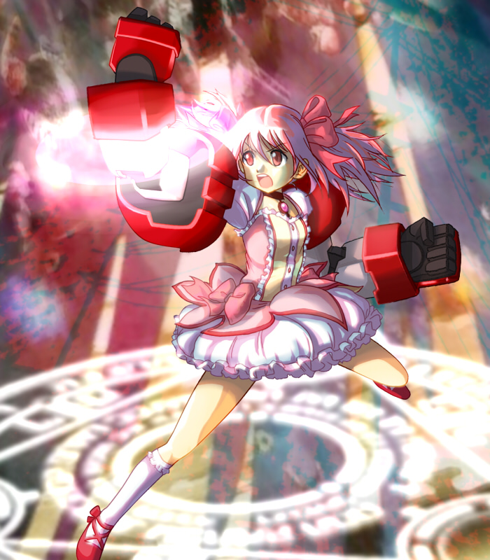 kaname madoka, gundam age-1, and gundam age-1 titus (mahou shoujo madoka magica and 2 more) drawn by matirine