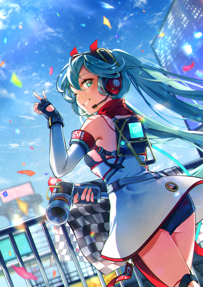 hatsune miku and racing miku (vocaloid and 1 more) drawn by kyashii_(a3yu9mi)