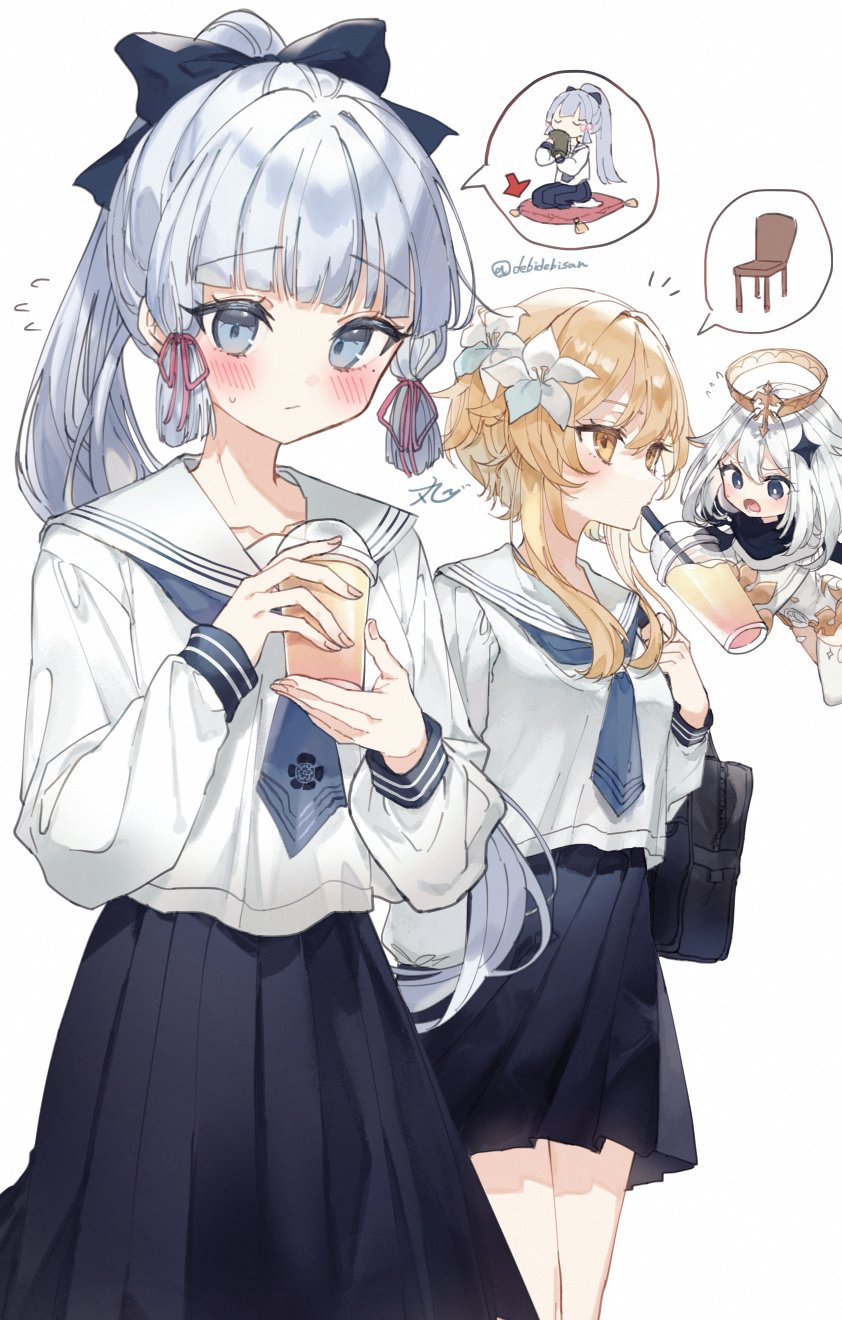 lumine, paimon, and kamisato ayaka (genshin impact) drawn by chibirisu