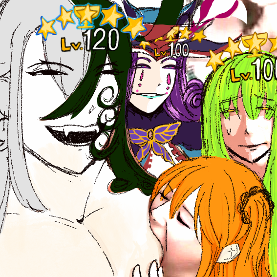 fujimaru ritsuka, ashiya douman, enkidu, and mephistopheles (fate and 1 more) drawn by dreamraga