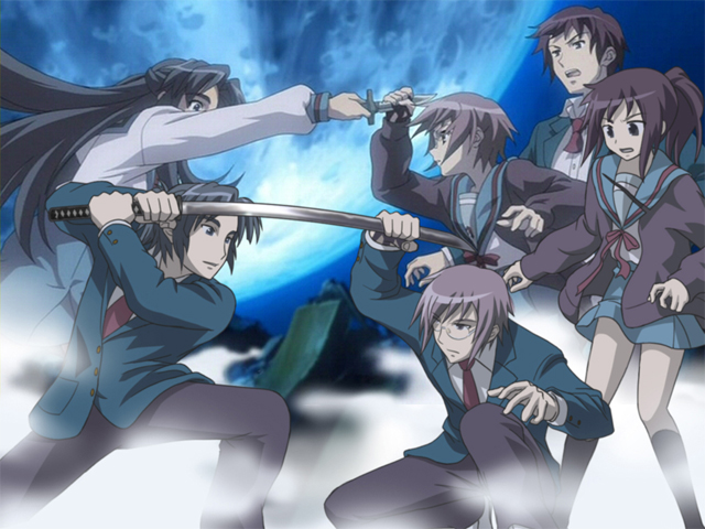 nagato yuki, kyon, asakura ryoko, kyonko, nagato yuuki, and 1 more (suzumiya haruhi no yuuutsu)