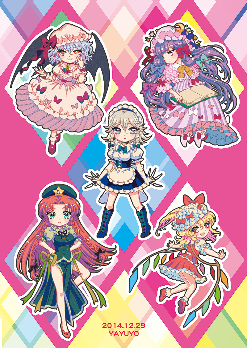 remilia scarlet, flandre scarlet, izayoi sakuya, patchouli knowledge, and hong meiling (touhou) drawn by takatora