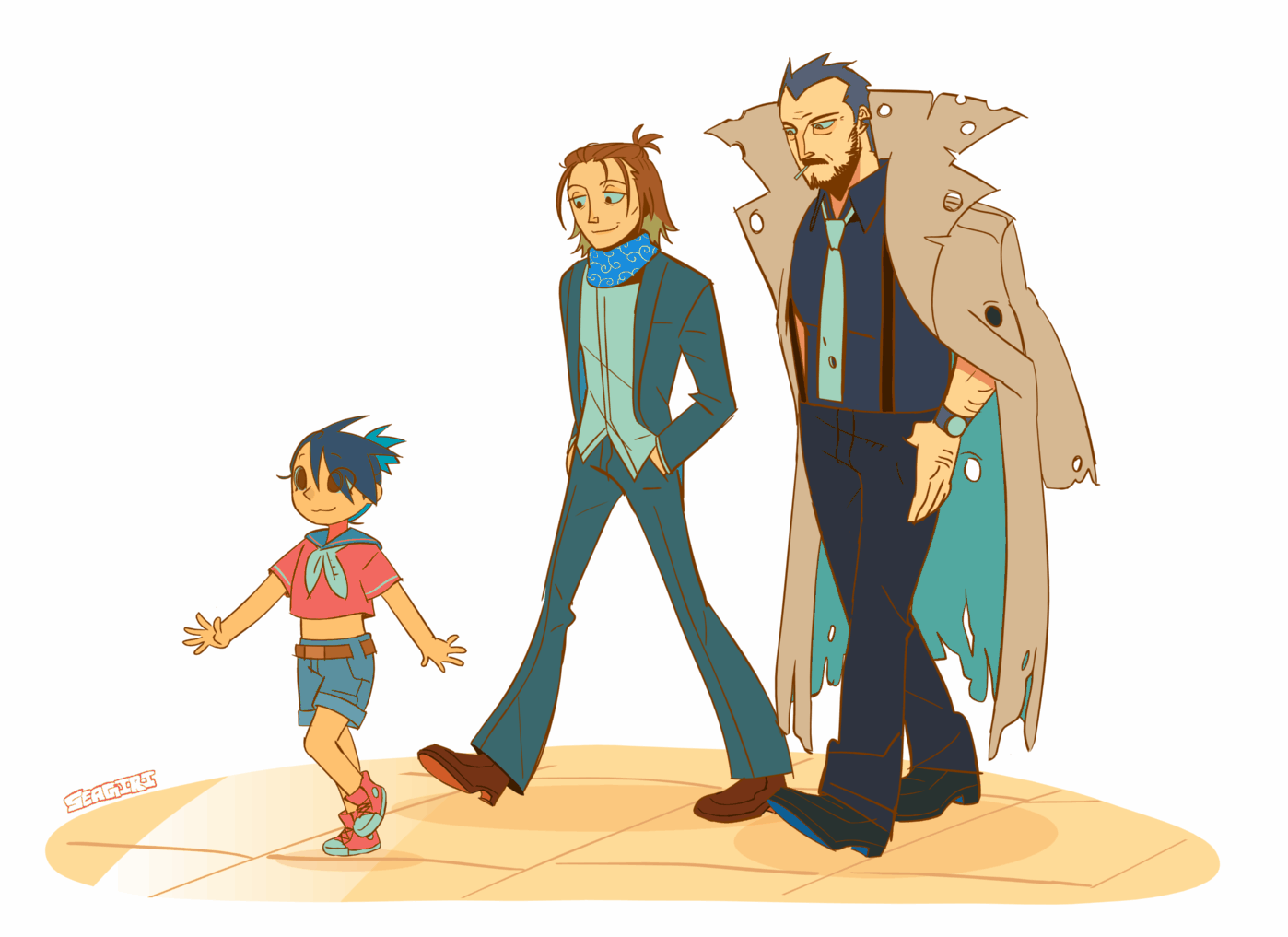 kay faraday, tyrell badd, and byrne faraday (ace attorney and 1 more) drawn by seagiri