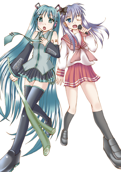 hatsune miku and hiiragi kagami (vocaloid and 1 more) drawn by sorakon