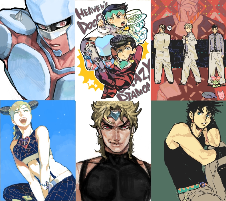 joseph joestar, dio brando, kujo jolyne, higashikata josuke, kishibe rohan, and 6 more (jojo no kimyou na bouken and 4 more) drawn by icym