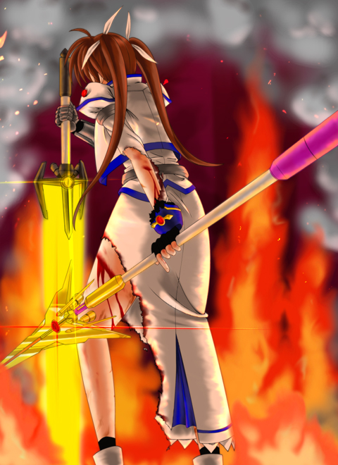 takamachi nanoha, raising heart, and bardiche (lyrical nanoha and 1 more) drawn by aonatsu_mainu