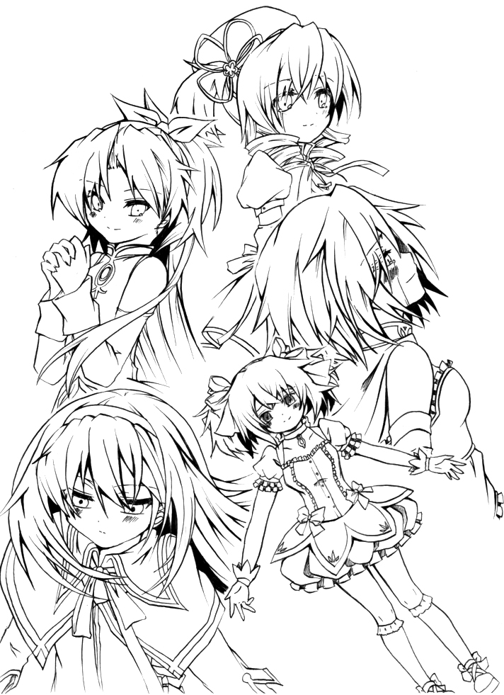 akemi homura, kaname madoka, miki sayaka, sakura kyoko, and tomoe mami (mahou shoujo madoka magica) drawn by yuihira_asu