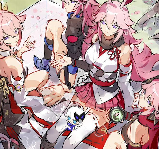 yae miko, yae sakura, kallen kaslana, sakura ayane, yae kasumi, and 1 more (genshin impact and 3 more) drawn by grape_(grapedraws)